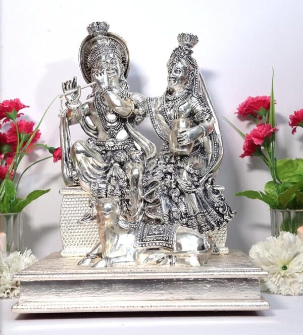 Har G Silver 13.5” High, Radha & Krishna Divine Couple Handcrafted in 999 Pure Silver Spells Ideal Relationship