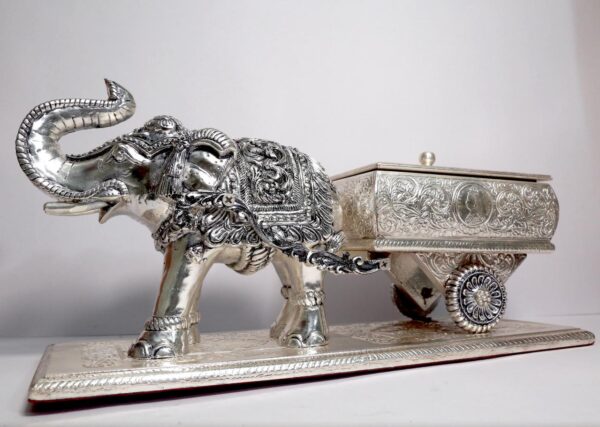 Har G Silver 15” Wide Elephant Drawn Chariot Gilded in Pure 999 Silver Adds Majesty to Your Home