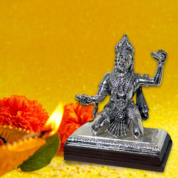 Har G Silver 999 Pure Silver Plated Hanuman Idol | Antique Finish Devotional Showpiece | Resin Wood Core - Image 2