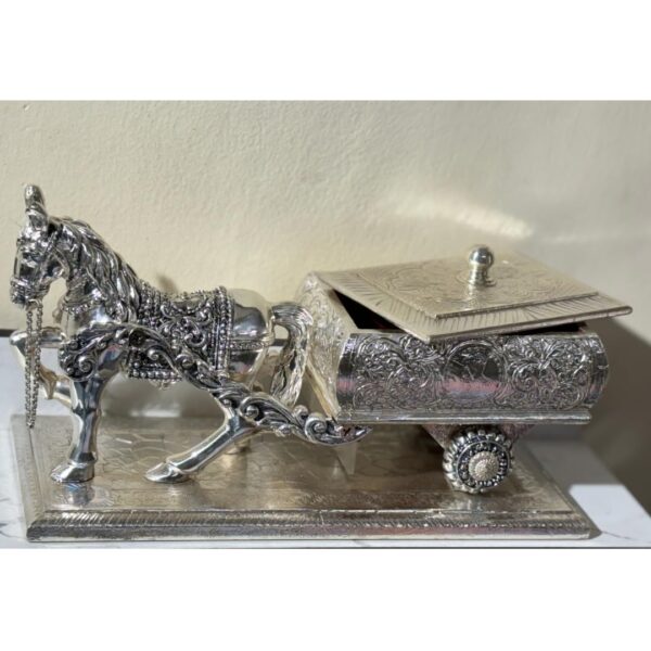 Har G Silver 999 Pure Silver Plated Horse Rath Baggi with Plate | Antique Finish Home Décor Showpiece | Resin Wood Interior - Image 5