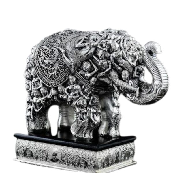 Har G Silver 999 Pure Silver Plated Elephant Statue | Antique Finish Decorative Showpiece | Resin Wood Core