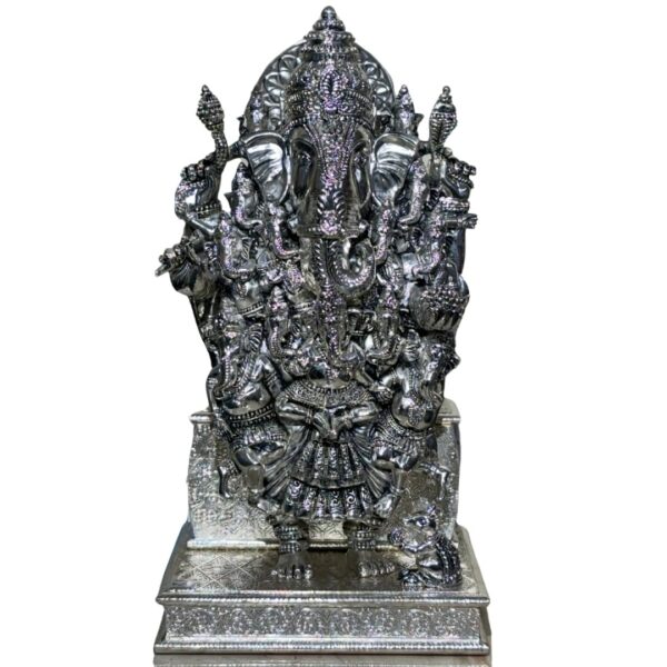 Har G Silver 999 Pure Silver Plated Lord Ganesha Idol | Antique Finish Home Temple & Decor Showpiece | Resin Wood Core