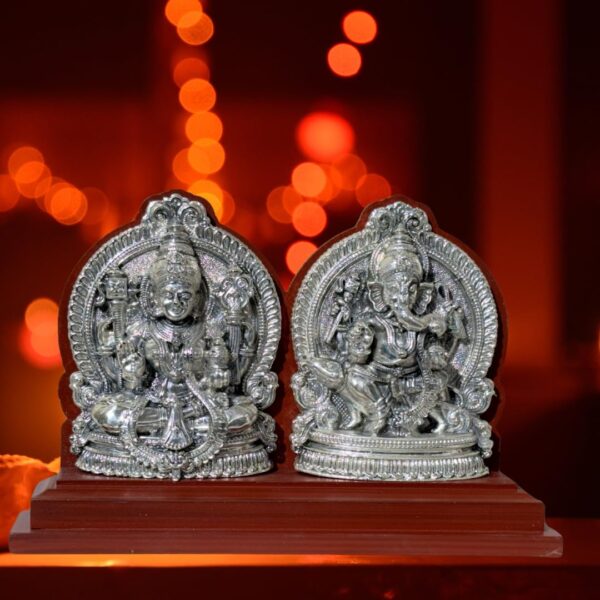 Har G Silver 999 Pure Silver Plated Lakshmi Ganesha Idol | Decorative Showpiece | Resin Wood Base | Two-Tone Antique Finish - Image 3