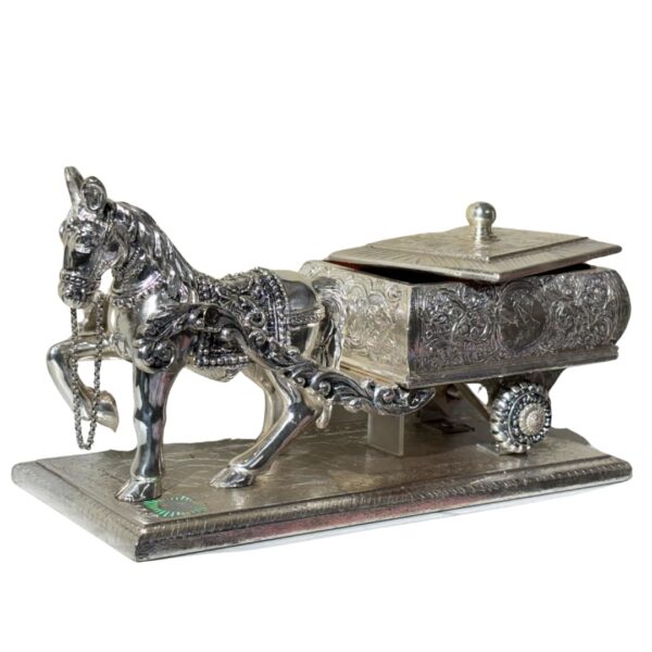 Har G Silver 999 Pure Silver Plated Horse Rath Baggi with Plate | Antique Finish Home Décor Showpiece | Resin Wood Interior