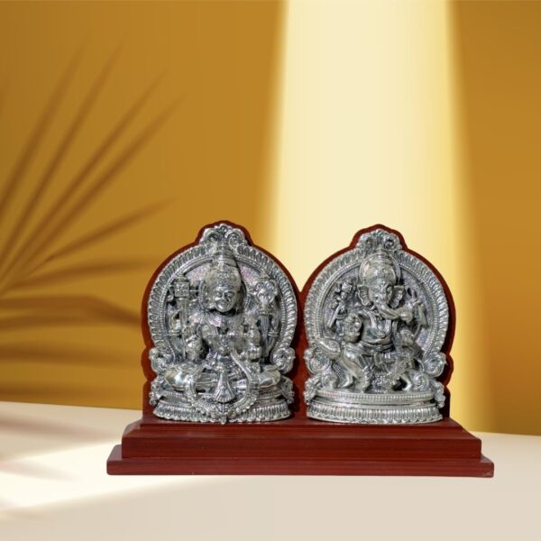 Har G Silver 999 Pure Silver Plated Lakshmi Ganesha Idol | Decorative Showpiece | Resin Wood Base | Two-Tone Antique Finish - Image 4