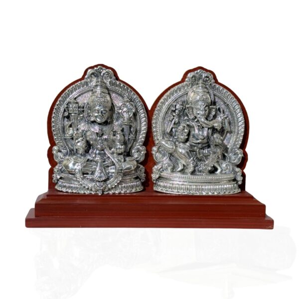 Har G Silver 999 Pure Silver Plated Lakshmi Ganesha Idol | Decorative Showpiece | Resin Wood Base | Two-Tone Antique Finish