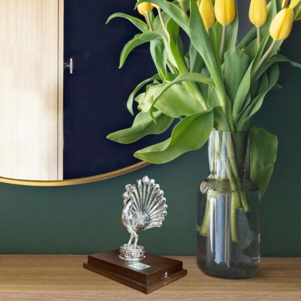 Har G Silver 999 Pure Silver Plated Peacock Idol | Two-Tone Antique Finish | Decorative Resin Wood Base - Image 4