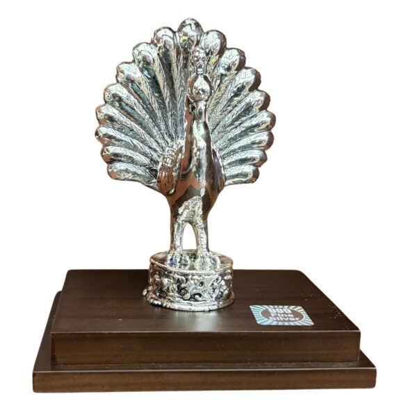 Har G Silver 999 Pure Silver Plated Peacock Idol | Two-Tone Antique Finish | Decorative Resin Wood Base