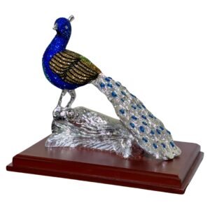 Har G Silver 999 Pure Silver Plated Peacock Showpiece | Decorative Home & Office Décor | Blue Stone Detailing | Resin Wood Base | Antique Finish