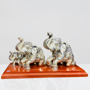 Har G Silver 999 Pure Silver Plated Elephant Family Statue | Resin Wood Base | Antique Finish Showpiece | 11 inch Height | Decorative Gift for Home & Office