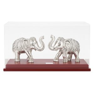 Har G Silver 999 Silver Plated Twin Elephant Figurine Set with Resin Wood Base & Display Box | Decorative Showpiece | Two-Tone Antique Finish | 4.6L x 12.7W x 5.5H inches