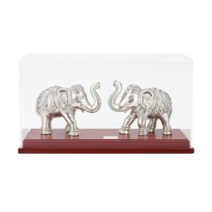 Har G Silver 999 Silver Plated Twin Elephant Figurine on Resin Wood Base | Decorative Showpiece for Home & Office | Two-Tone Antique Finish | 3.5L x 9.5W x 4H inches