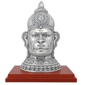 Har G Silver 999 Silver Plated Hanuman Face Idol on Resin Wood Base | Decorative Spiritual Showpiece | Two-Tone Antique Finish | 6.5L x 8.2W x 10.5H inches