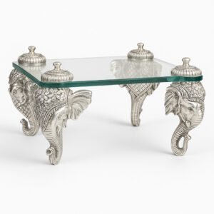 Har G Silver 999 Silver Plated Elephant Leg Table | Resin Wood Base | Decorative Showpiece for Home & Office | Antique Two-Tone Finish | 8.8 x 12 x 7.2 Inches
