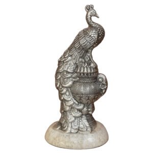 Har G Silver 999 Silver Plated Peacock Figurine with Resin Wood Base - Two-Tone Antique Finish (2.7L x 3.2W x 6.5H)