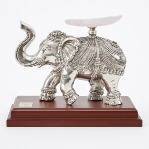 Har G Silver 999 Silver Plated Elephant Figurine with Resin Wood Base & Marble Candle Stand | Decorative Showpiece | Two-Tone Antique Finish | 3.4L x 6.7W x 6H inches