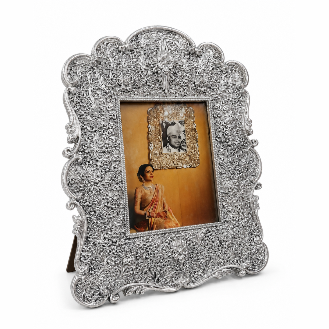 999 Fine Silver Decorative Photo Frame | Ornate Floral Scrollwork Design | Premium Tabletop & Wall Mount Picture Frame | Gift for Wedding, Anniversary, Housewarming & Festivals