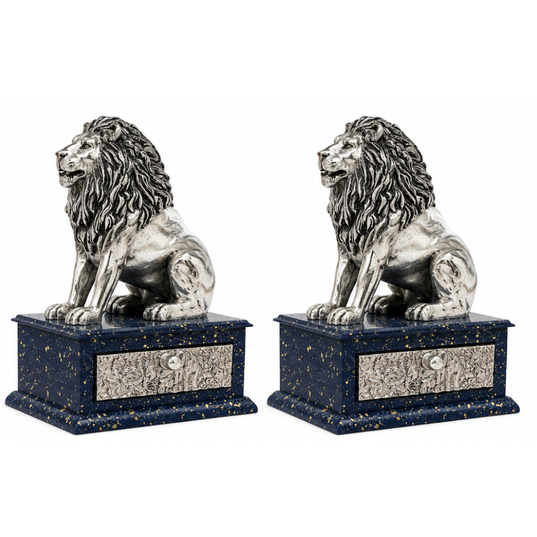 999 Fine Silver Plated Lion Statue Showpiece Set of 2 | Decorative Animal Figurine for Home Decor, Living Room, Office Table, Shelf & Housewarming Gift