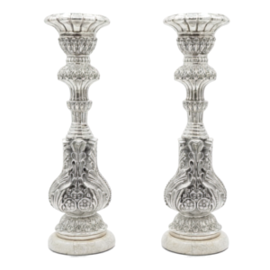 999 Fine Silver Plated Candle Stand Set of 2 with Marble Base, Decorative Candle Holder for Puja Room, Home Temple, Living Room & Festive Home Decor
