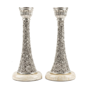 999 Fine Silver Plated Candle Stand Set of 2 with Marble Base, Decorative Puja Candle Holder for Home Temple, Living Room & Festive Decor