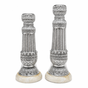999 Fine Silver Plated Candle Stand Set of 2 Embossed Design, Marble Base, Temple & Home Décor, Big: 24.6x8.9cm, Small: 20.8x8.9cm