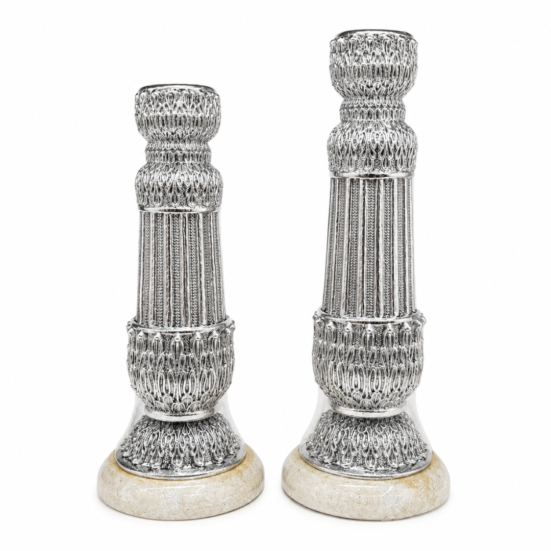 999 Fine Silver Plated Candle Stand Set of 2 Embossed Design, Marble Base, Temple & Home Décor, Big: 24.6x8.9cm, Small: 20.8x8.9cm