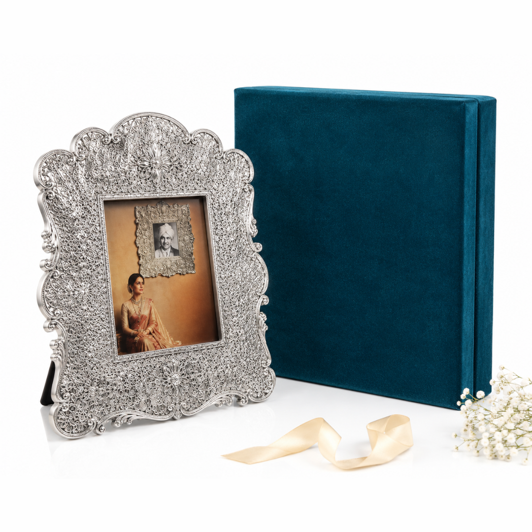 999 Fine Silver Decorative Photo Frame | Ornate Floral Scrollwork Design | Premium Tabletop & Wall Mount Picture Frame | Gift for Wedding, Anniversary, Housewarming & Festivals - Image 3