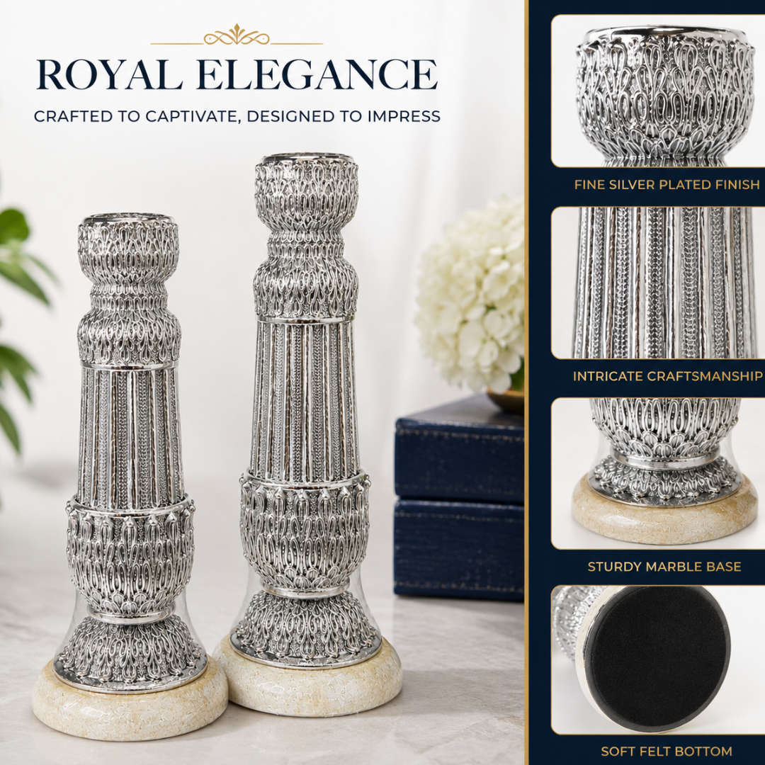999 Fine Silver Plated Candle Stand Set of 2 Embossed Design, Marble Base, Temple & Home Décor, Big: 24.6x8.9cm, Small: 20.8x8.9cm - Image 2