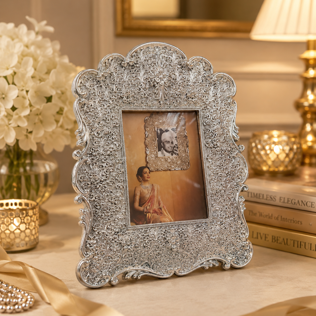 999 Fine Silver Decorative Photo Frame | Ornate Floral Scrollwork Design | Premium Tabletop & Wall Mount Picture Frame | Gift for Wedding, Anniversary, Housewarming & Festivals - Image 2