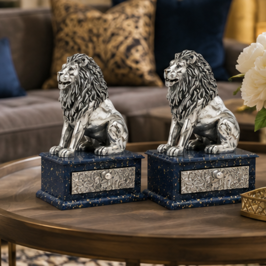999 Fine Silver Plated Lion Statue Showpiece Set of 2 | Decorative Animal Figurine for Home Decor, Living Room, Office Table, Shelf & Housewarming Gift - Image 3