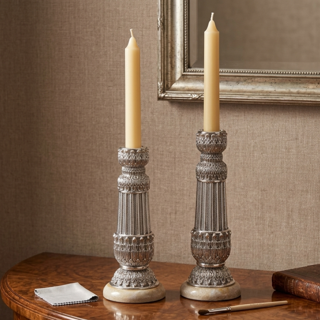 999 Fine Silver Plated Candle Stand Set of 2 Embossed Design, Marble Base, Temple & Home Décor, Big: 24.6x8.9cm, Small: 20.8x8.9cm - Image 3