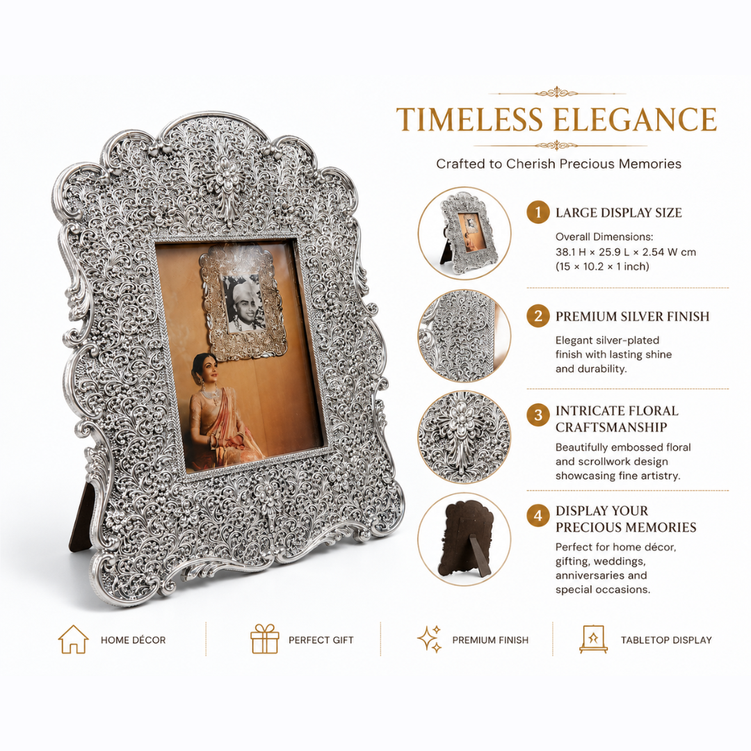 999 Fine Silver Decorative Photo Frame | Ornate Floral Scrollwork Design | Premium Tabletop & Wall Mount Picture Frame | Gift for Wedding, Anniversary, Housewarming & Festivals - Image 4