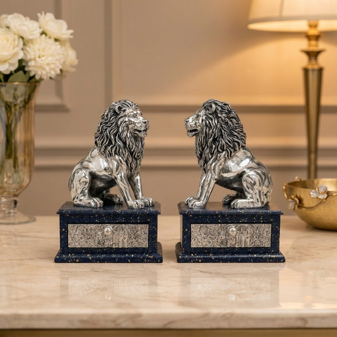 999 Fine Silver Plated Lion Statue Showpiece Set of 2 | Decorative Animal Figurine for Home Decor, Living Room, Office Table, Shelf & Housewarming Gift - Image 6