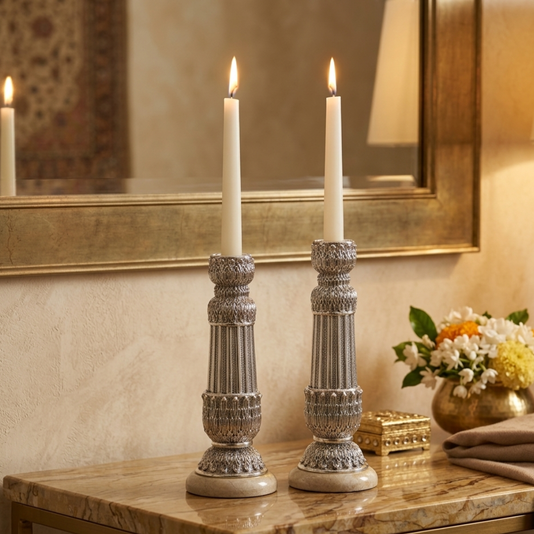 999 Fine Silver Plated Candle Stand Set of 2 Embossed Design, Marble Base, Temple & Home Décor, Big: 24.6x8.9cm, Small: 20.8x8.9cm - Image 4