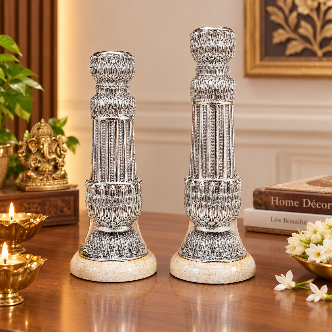 999 Fine Silver Plated Candle Stand Set of 2 Embossed Design, Marble Base, Temple & Home Décor, Big: 24.6x8.9cm, Small: 20.8x8.9cm - Image 5
