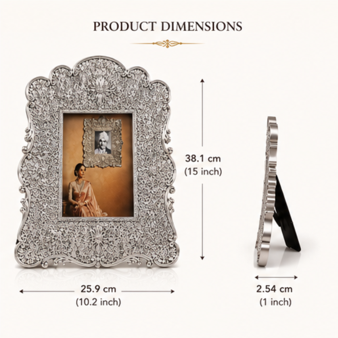 999 Fine Silver Decorative Photo Frame | Ornate Floral Scrollwork Design | Premium Tabletop & Wall Mount Picture Frame | Gift for Wedding, Anniversary, Housewarming & Festivals - Image 6