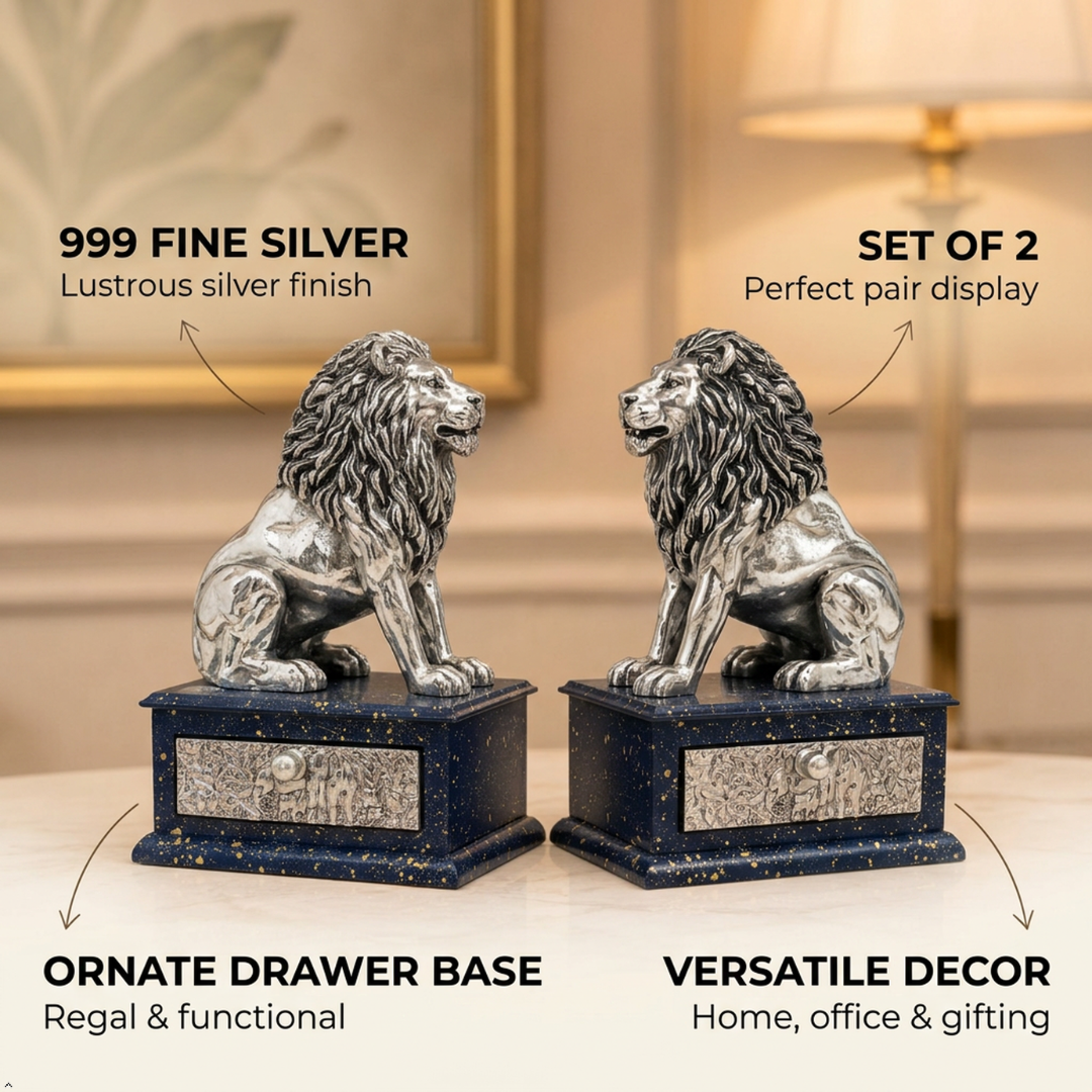 999 Fine Silver Plated Lion Statue Showpiece Set of 2 | Decorative Animal Figurine for Home Decor, Living Room, Office Table, Shelf & Housewarming Gift - Image 4