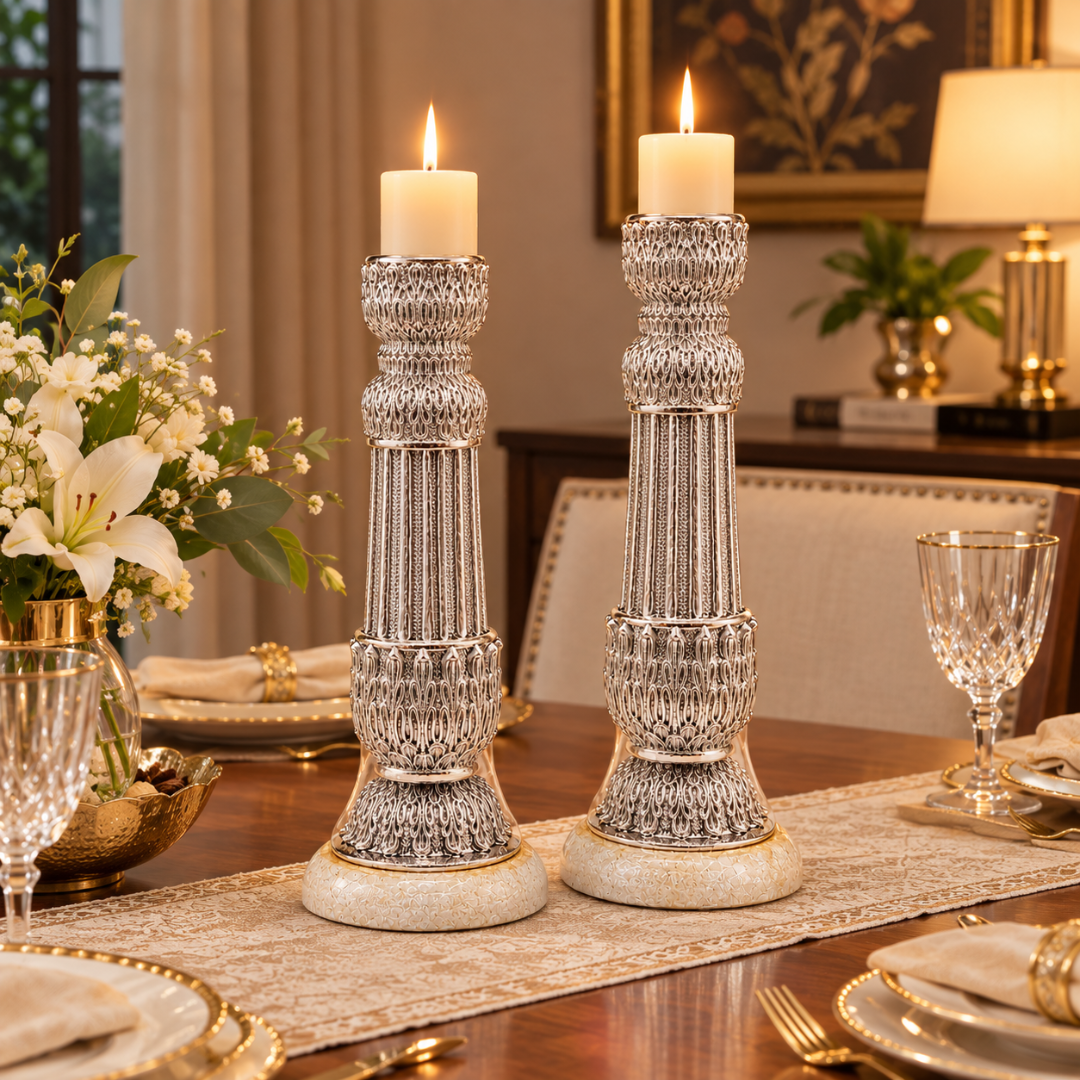 999 Fine Silver Plated Candle Stand Set of 2 Embossed Design, Marble Base, Temple & Home Décor, Big: 24.6x8.9cm, Small: 20.8x8.9cm - Image 6