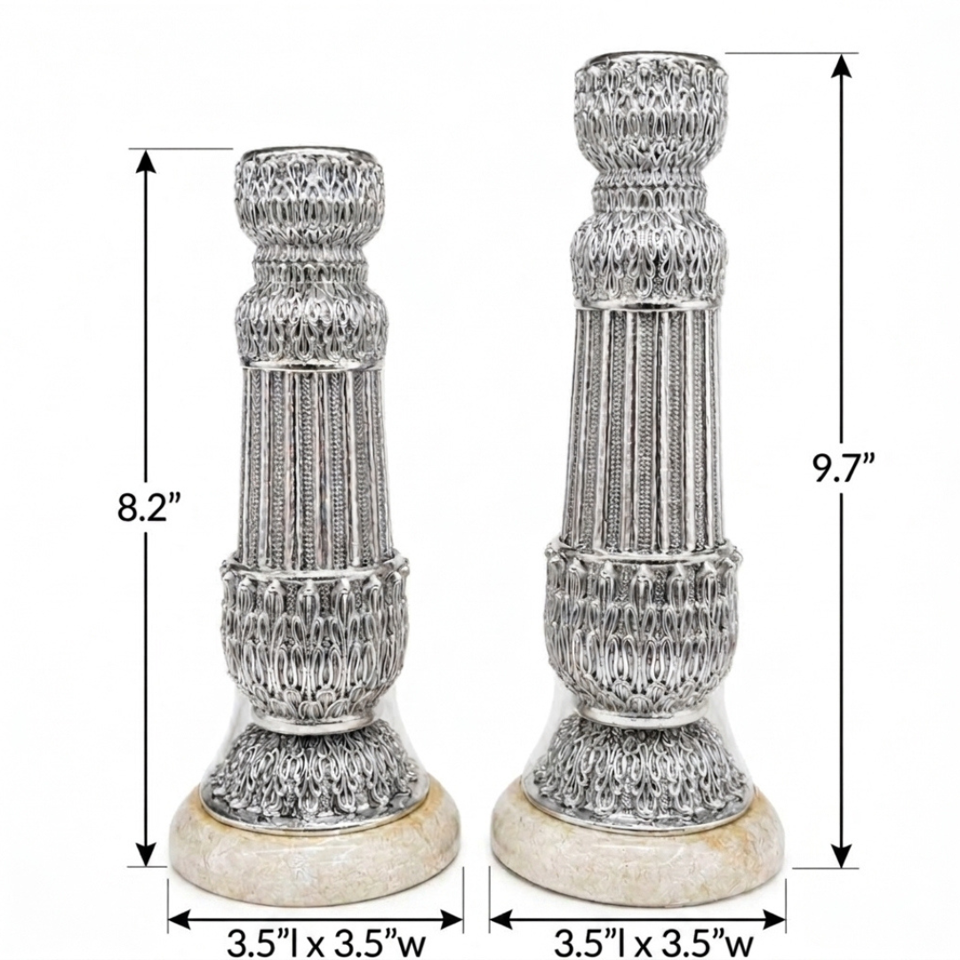 999 Fine Silver Plated Candle Stand Set of 2 Embossed Design, Marble Base, Temple & Home Décor, Big: 24.6x8.9cm, Small: 20.8x8.9cm - Image 7