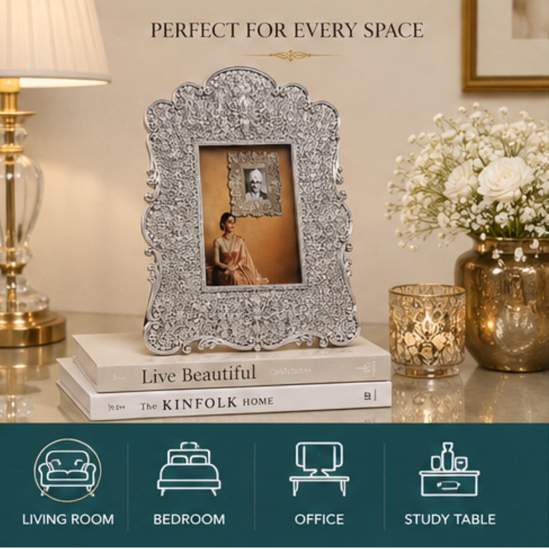 999 Fine Silver Decorative Photo Frame | Ornate Floral Scrollwork Design | Premium Tabletop & Wall Mount Picture Frame | Gift for Wedding, Anniversary, Housewarming & Festivals - Image 7