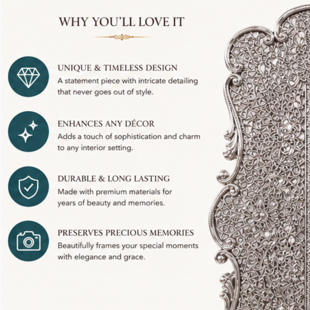 999 Fine Silver Decorative Photo Frame | Ornate Floral Scrollwork Design | Premium Tabletop & Wall Mount Picture Frame | Gift for Wedding, Anniversary, Housewarming & Festivals - Image 8